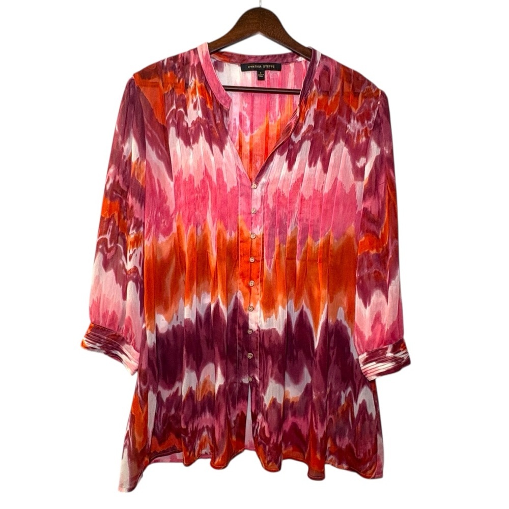 Cynthia Steffe Sheer Blouse S Pink Orange Purple Boho Tunic Top Watercolor Print
